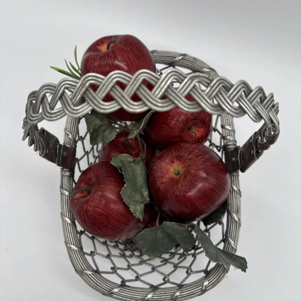 Silver Basket Woven Metal Hinged Handle Natural Patina India W/ Faux Apples